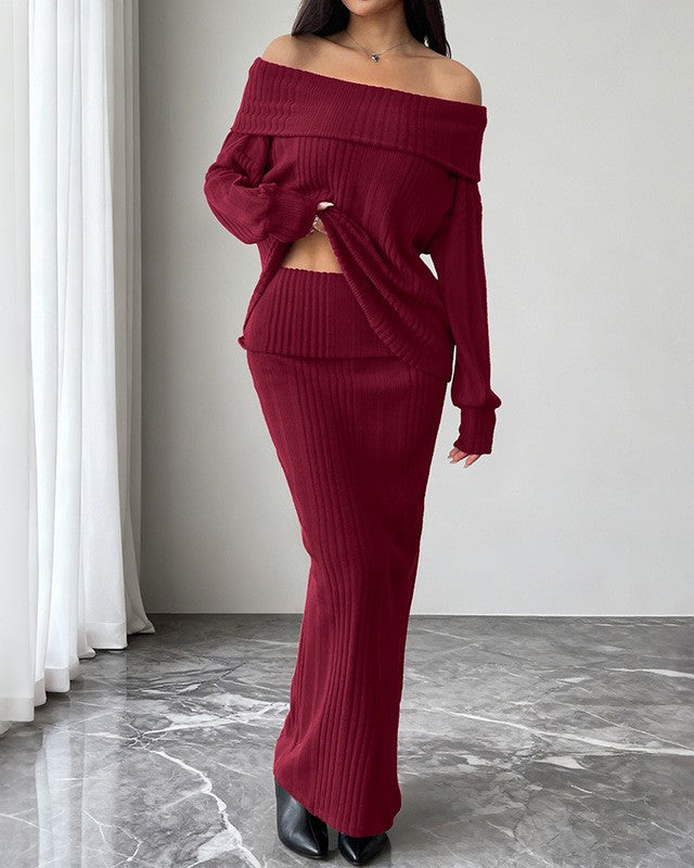 Off Shoulder Rib Knit Top and Maxi Skirt Set - Wine-Red - 2