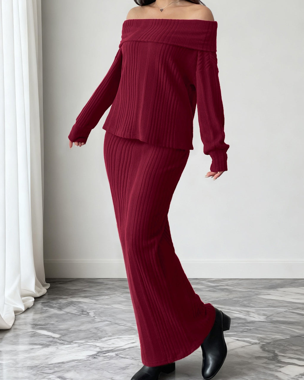 Off Shoulder Rib Knit Top and Maxi Skirt Set - Wine-Red - 3