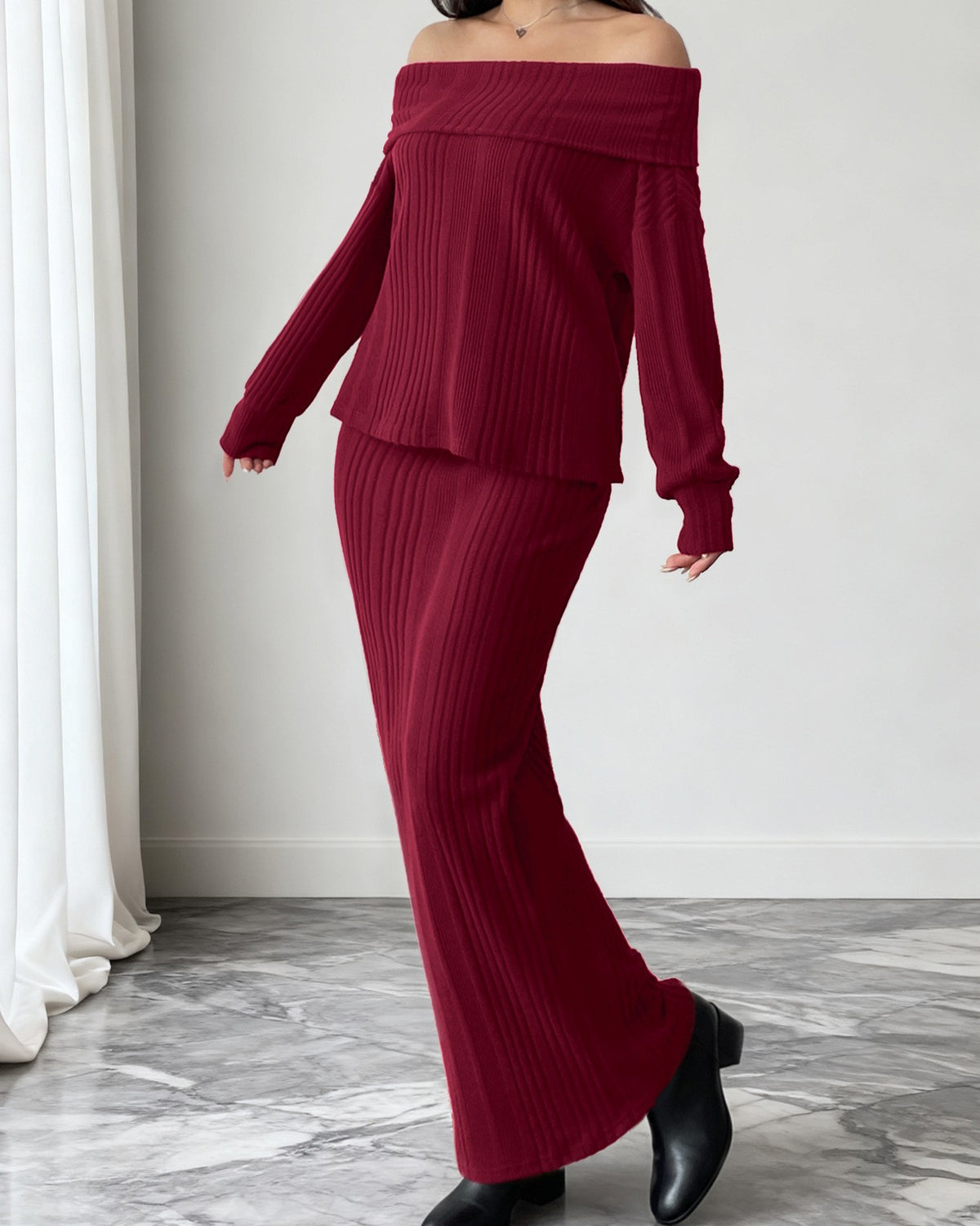 Off Shoulder Rib Knit Top and Maxi Skirt Set - Wine-Red - 3
