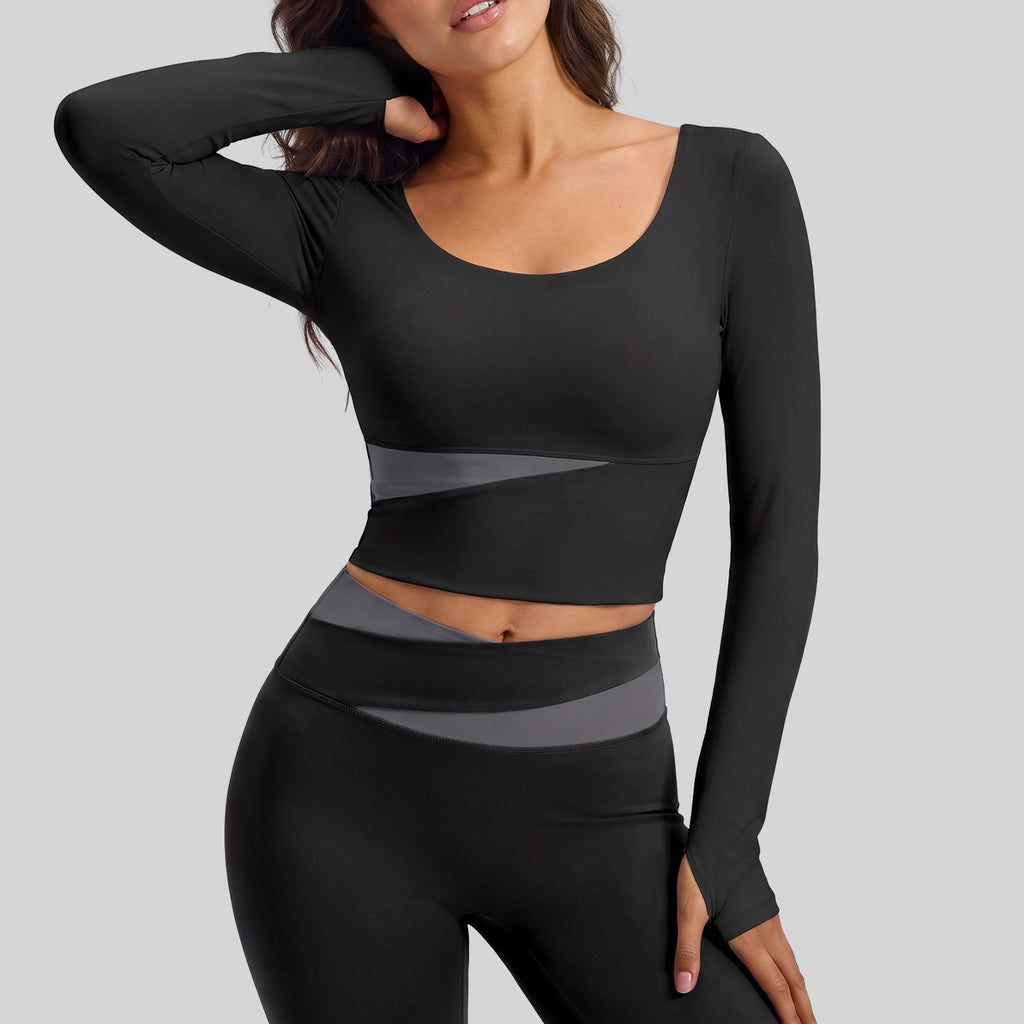 Color Block Padded Cropped Long Sleeve Workout Top - Black