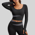 Color Block Padded Cropped Long Sleeve Workout Top - Black