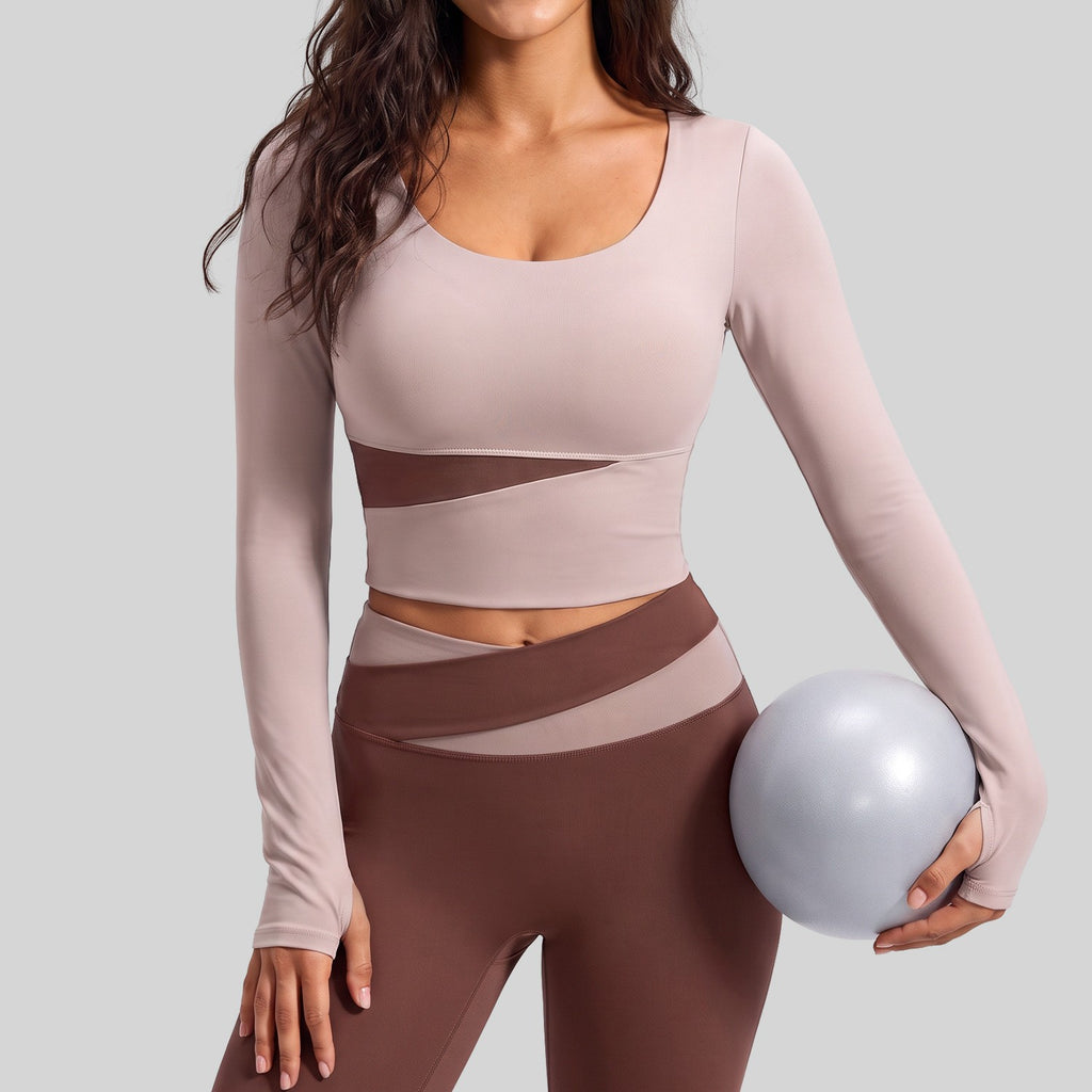 Color Block Padded Cropped Long Sleeve Workout Top - Dusty Mauve