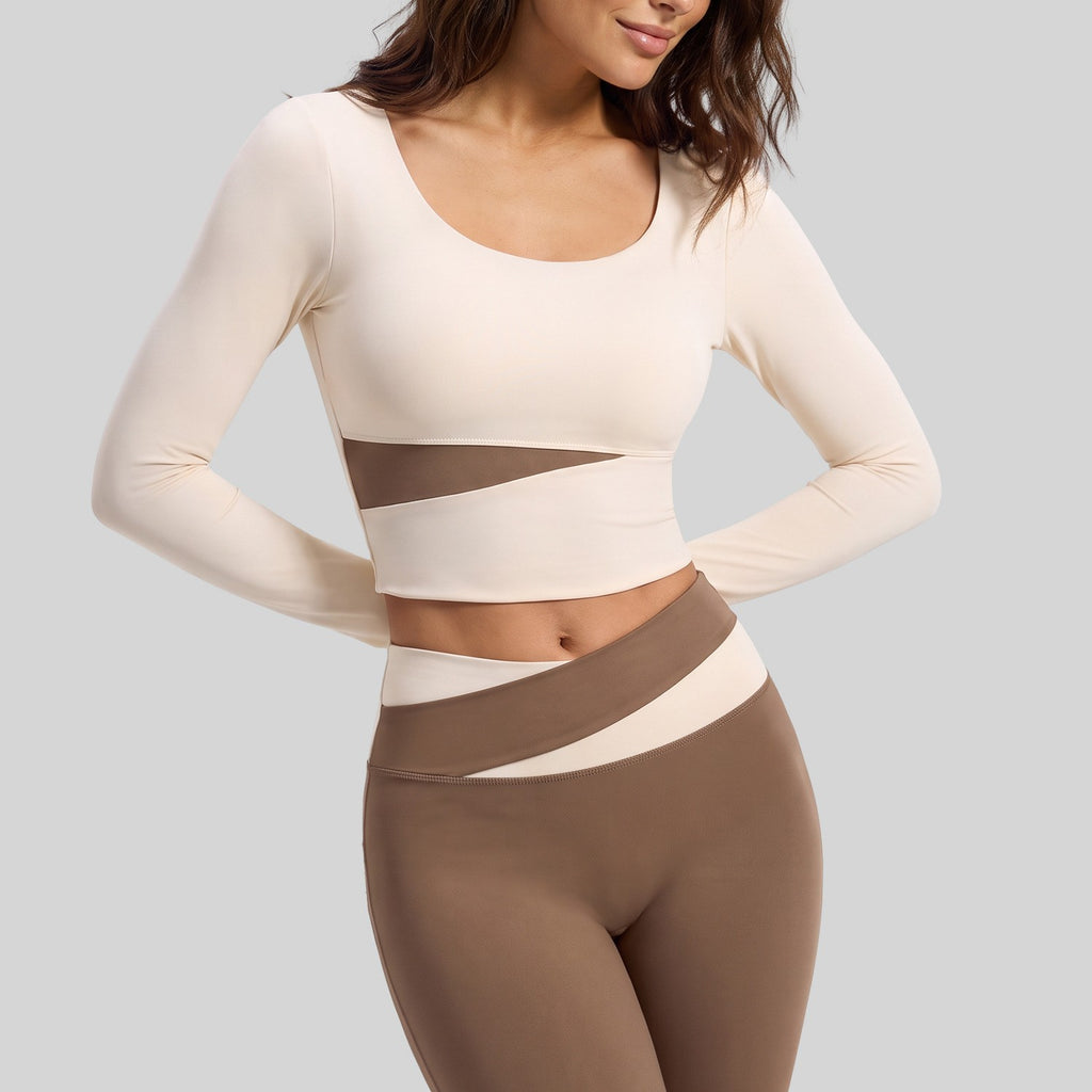 Color Block Padded Cropped Long Sleeve Workout Top - Ivory