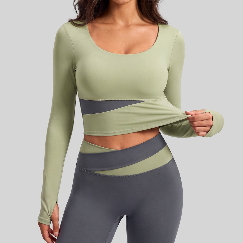 Color Block Padded Cropped Long Sleeve Workout Top - Sage Green