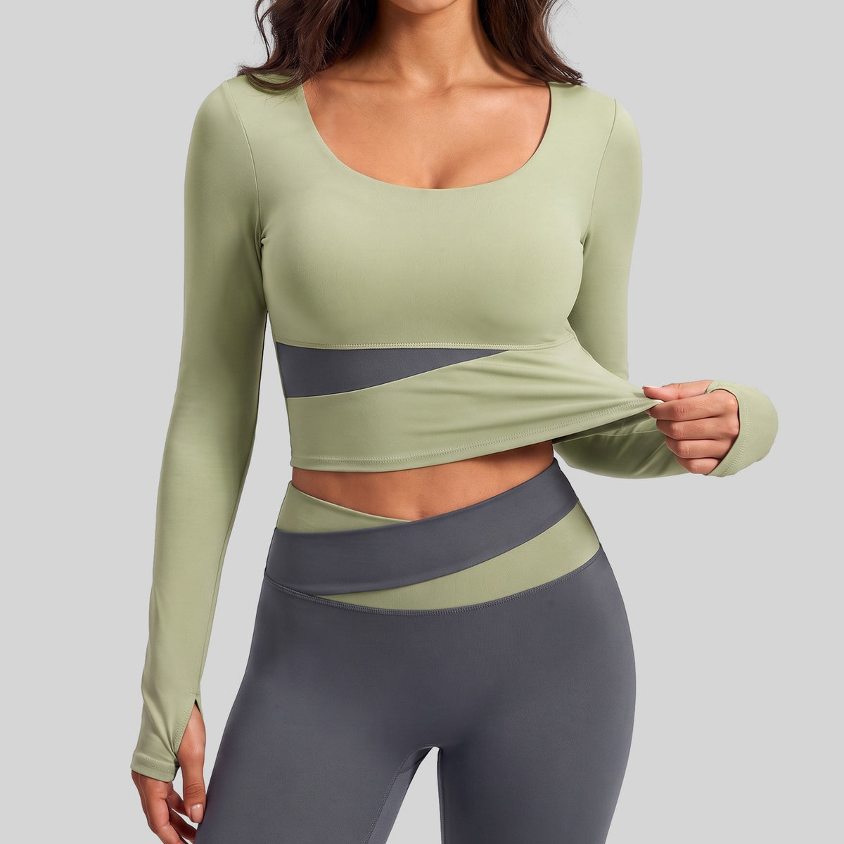 Color Block Padded Cropped Long Sleeve Workout Top - Sage Green