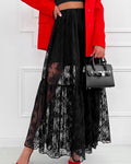 Sheer Floral Lace Tiered Maxi Skirt - Black