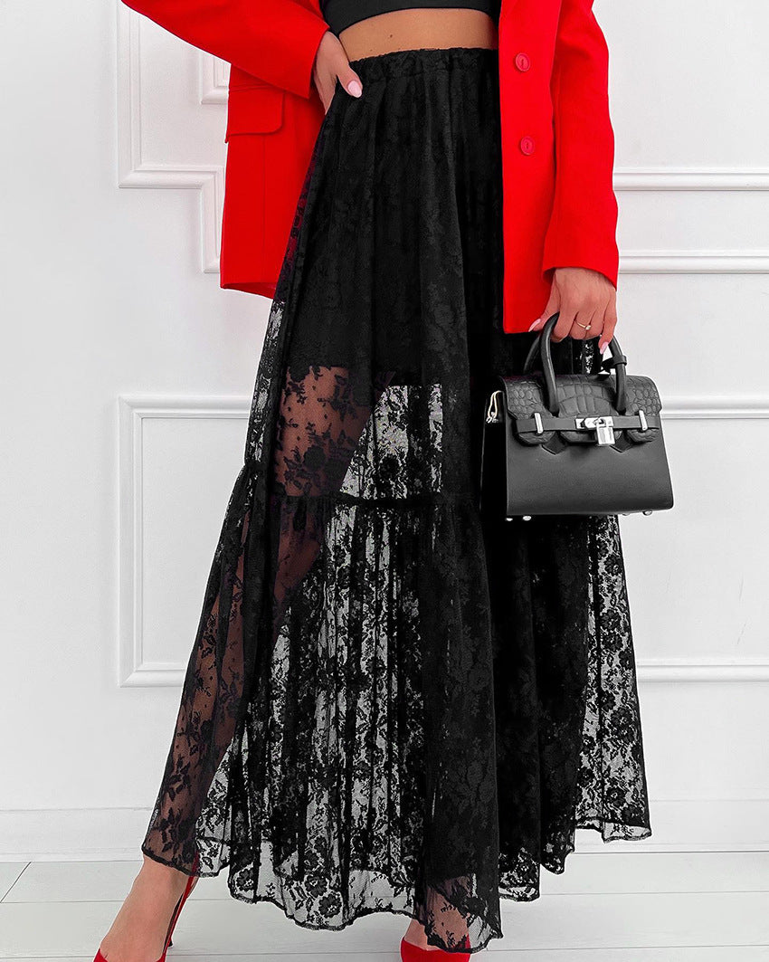 Sheer Floral Lace Tiered Maxi Skirt - Black