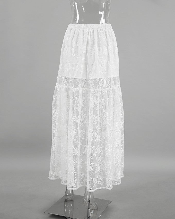 Sheer Floral Lace Tiered Maxi Skirt - White - 1