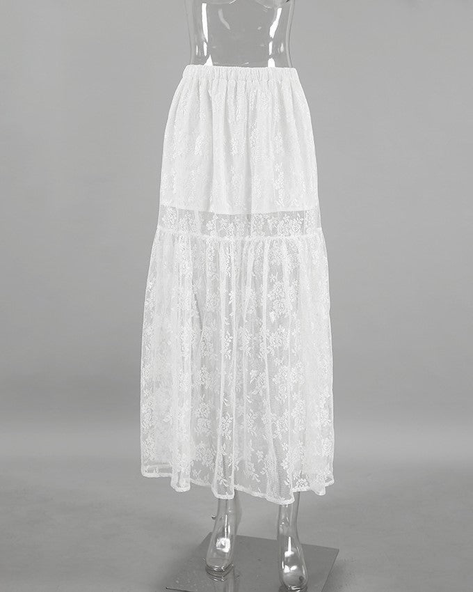 Sheer Floral Lace Tiered Maxi Skirt - White - 2