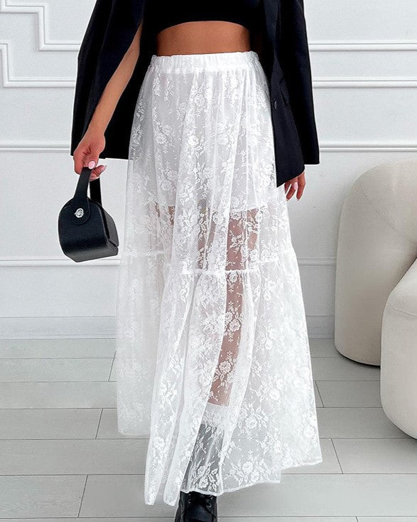 Sheer Floral Lace Tiered Maxi Skirt - White - 3