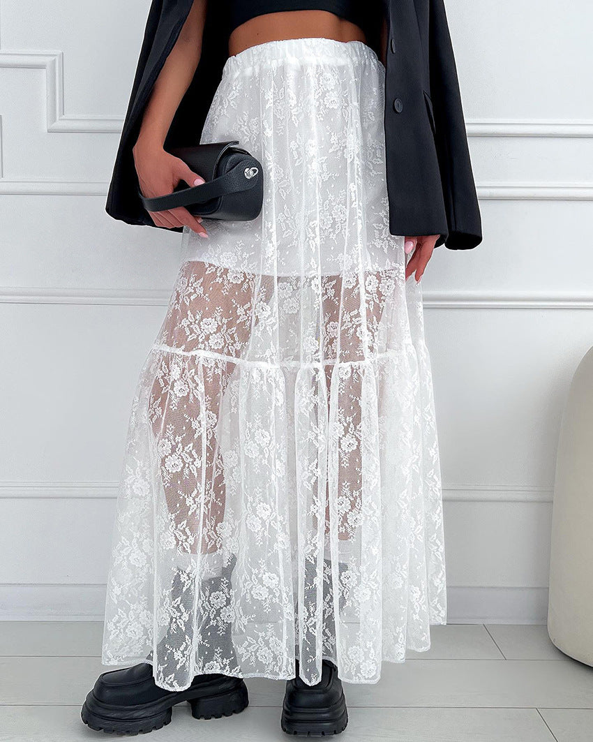 Sheer Floral Lace Tiered Maxi Skirt - White - 4