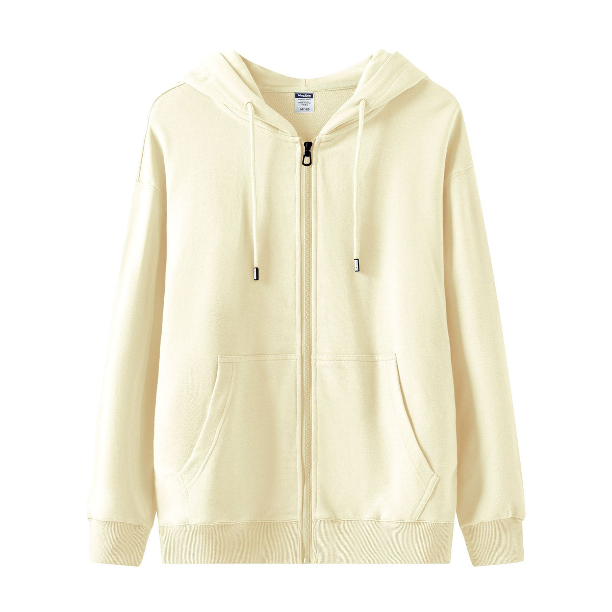 Full Zip Hooded Sweatshirt With Kangaroo Pockets - Beige