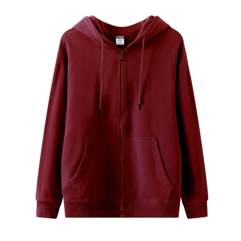 Full Zip Hooded Sweatshirt With Kangaroo Pockets - Winered