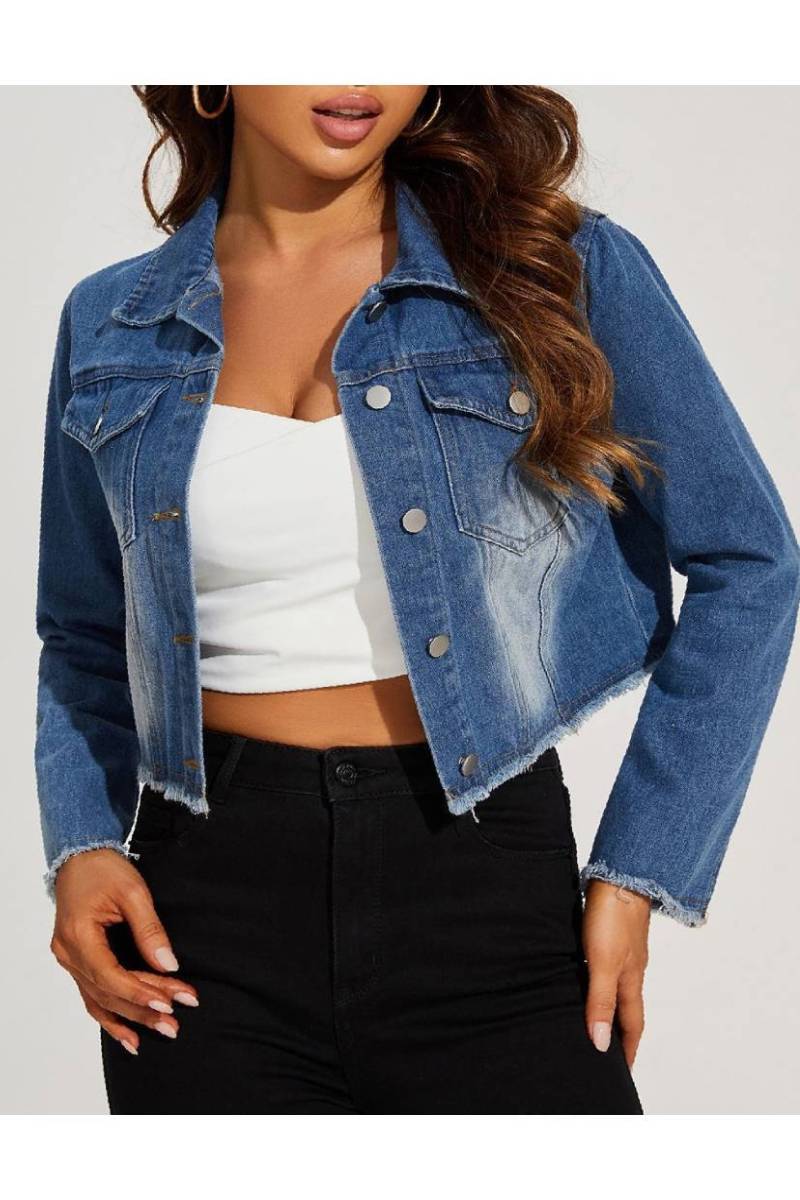 Frayed Hem Button Front Cropped Denim Jacket - Blue
