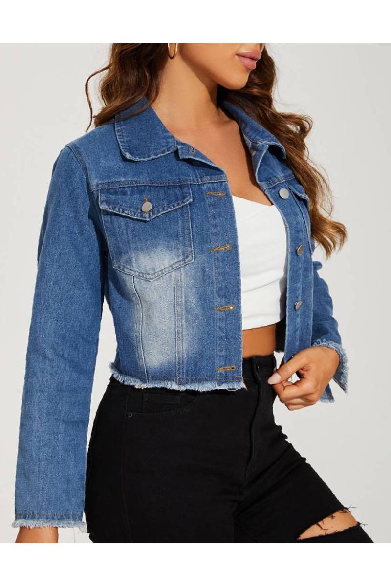Frayed Hem Button Front Cropped Denim Jacket - Blue - 1