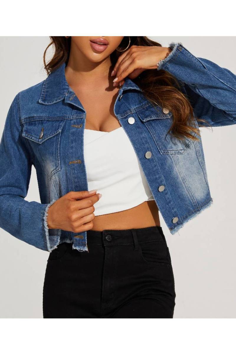 Frayed Hem Button Front Cropped Denim Jacket - Blue - 3