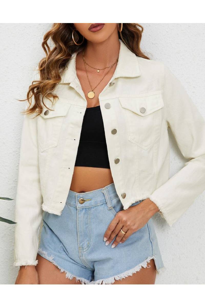 Frayed Hem Button Front Cropped Denim Jacket - White