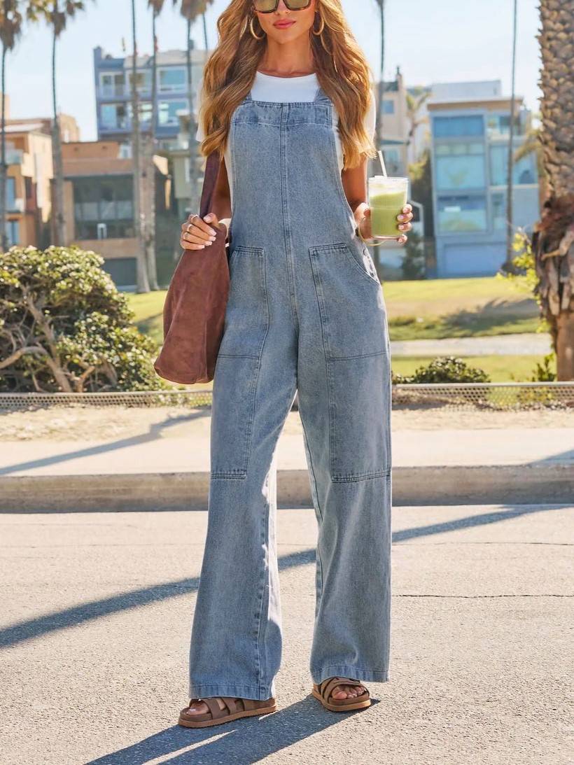 Relaxed Bib Strap Denim Jumpsuit - Blue - 1