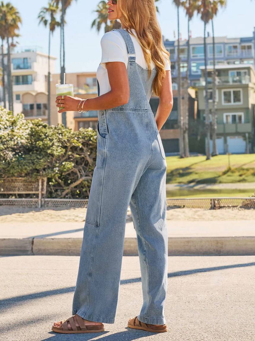 Relaxed Bib Strap Denim Jumpsuit - Blue - 2