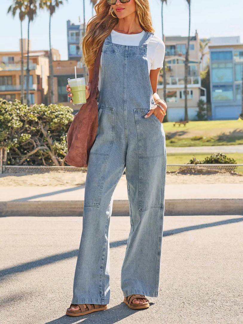 Relaxed Bib Strap Denim Jumpsuit - Blue - 3