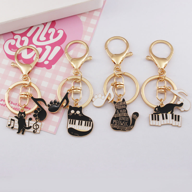Cat Keychain Bag Charm with Piano and Music Notes