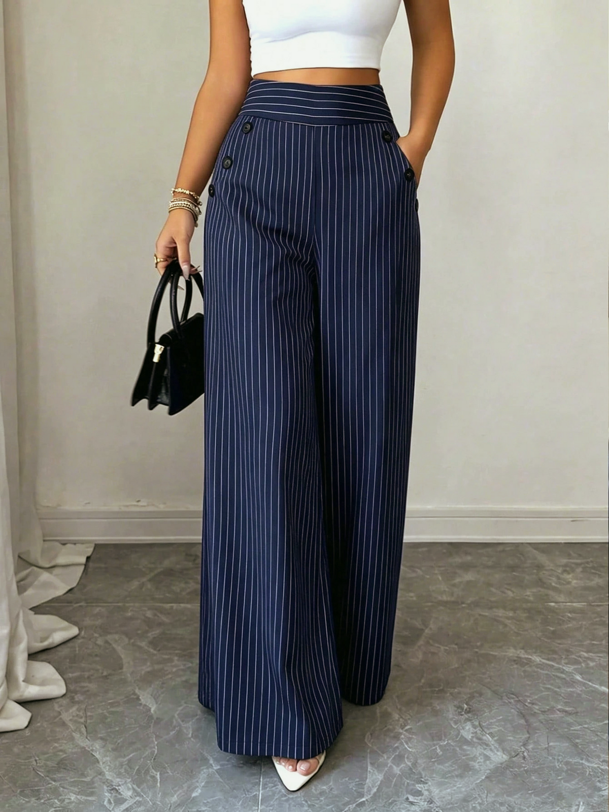 Pinstripe Wide Leg High Waist Pants - NavyBlue