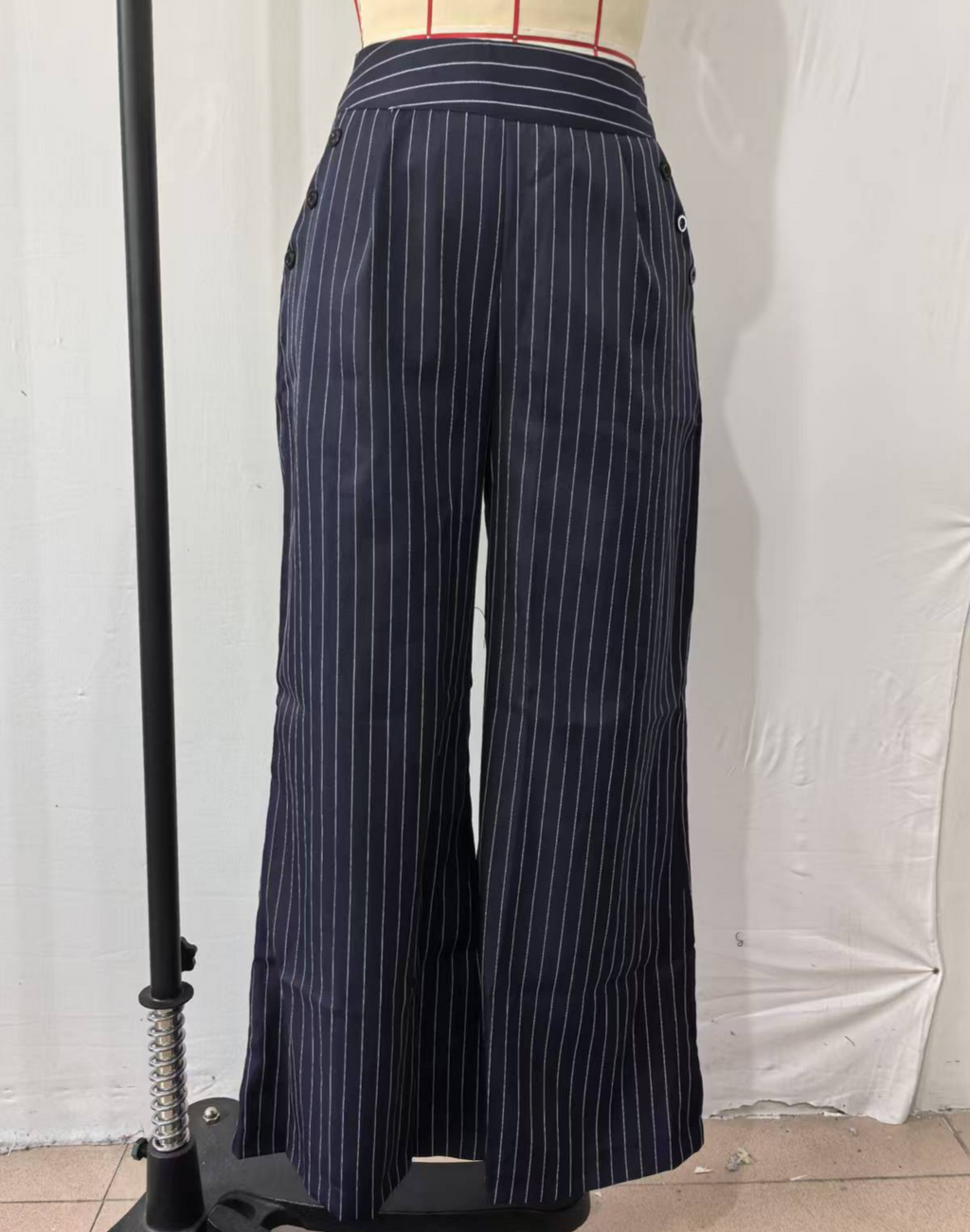 Pinstripe Wide Leg High Waist Pants - NavyBlue - 1