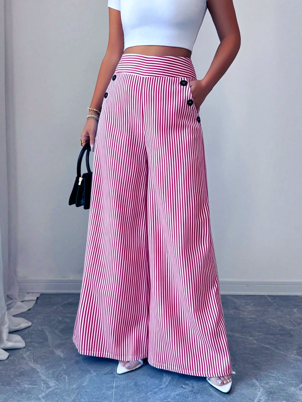 Pinstripe Wide Leg High Waist Pants - Pink - 3