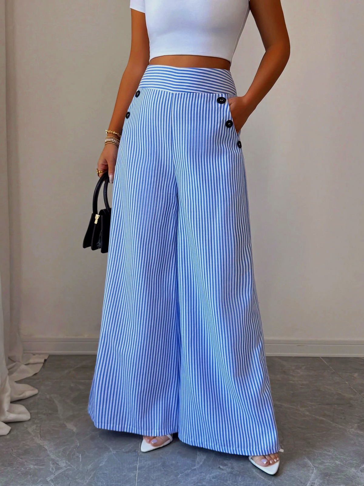 Pinstripe Wide Leg High Waist Pants - SkyBlue - 4