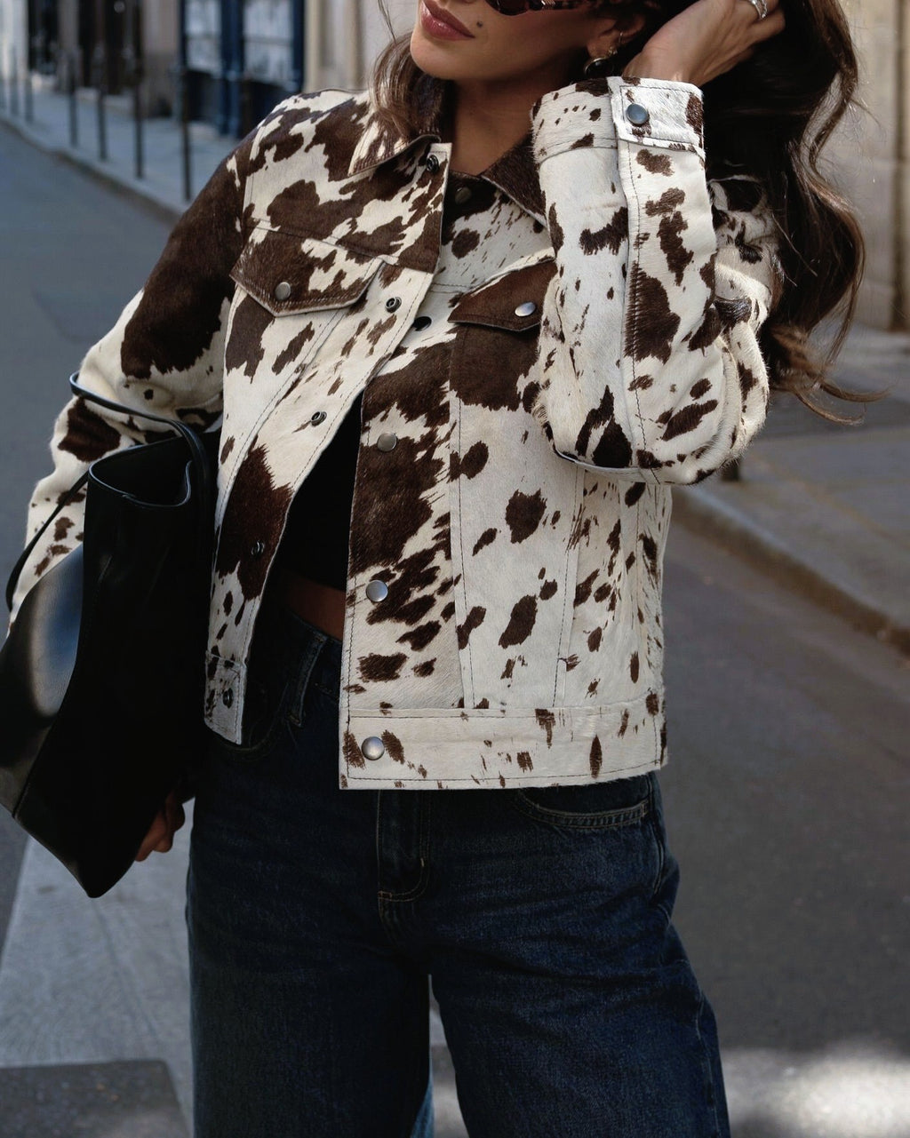 Cow Print Cropped Trucker Jacket - Color