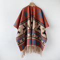 Reindeer Jacquard Fringe Cape with Snowflake Motif - Orange