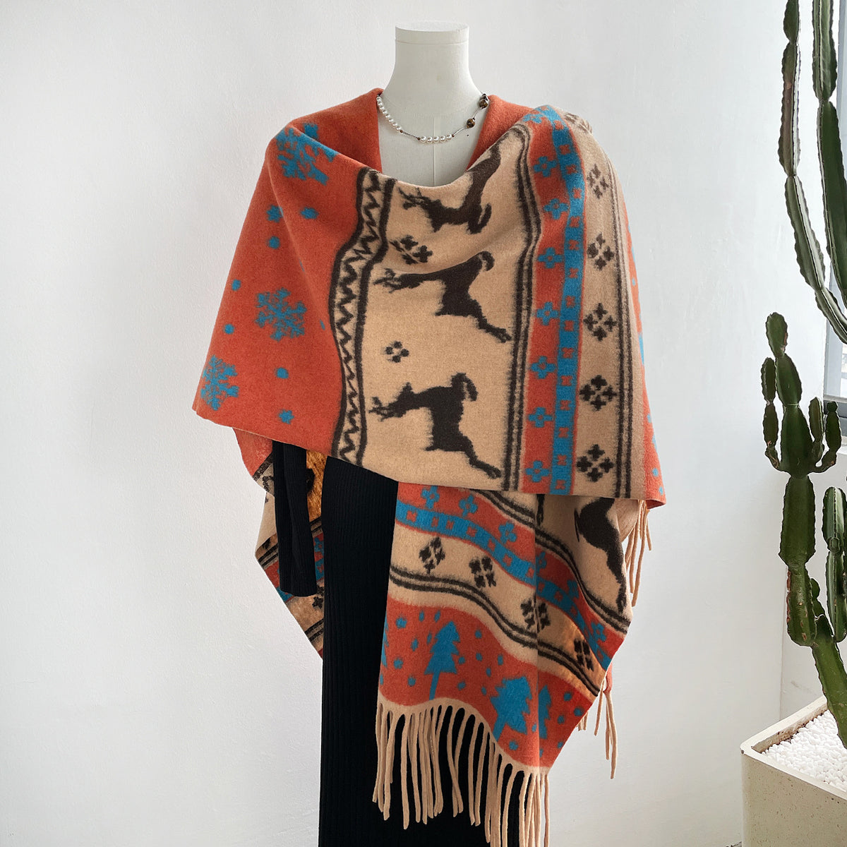 Reindeer Jacquard Fringe Cape with Snowflake Motif - Orange - 3