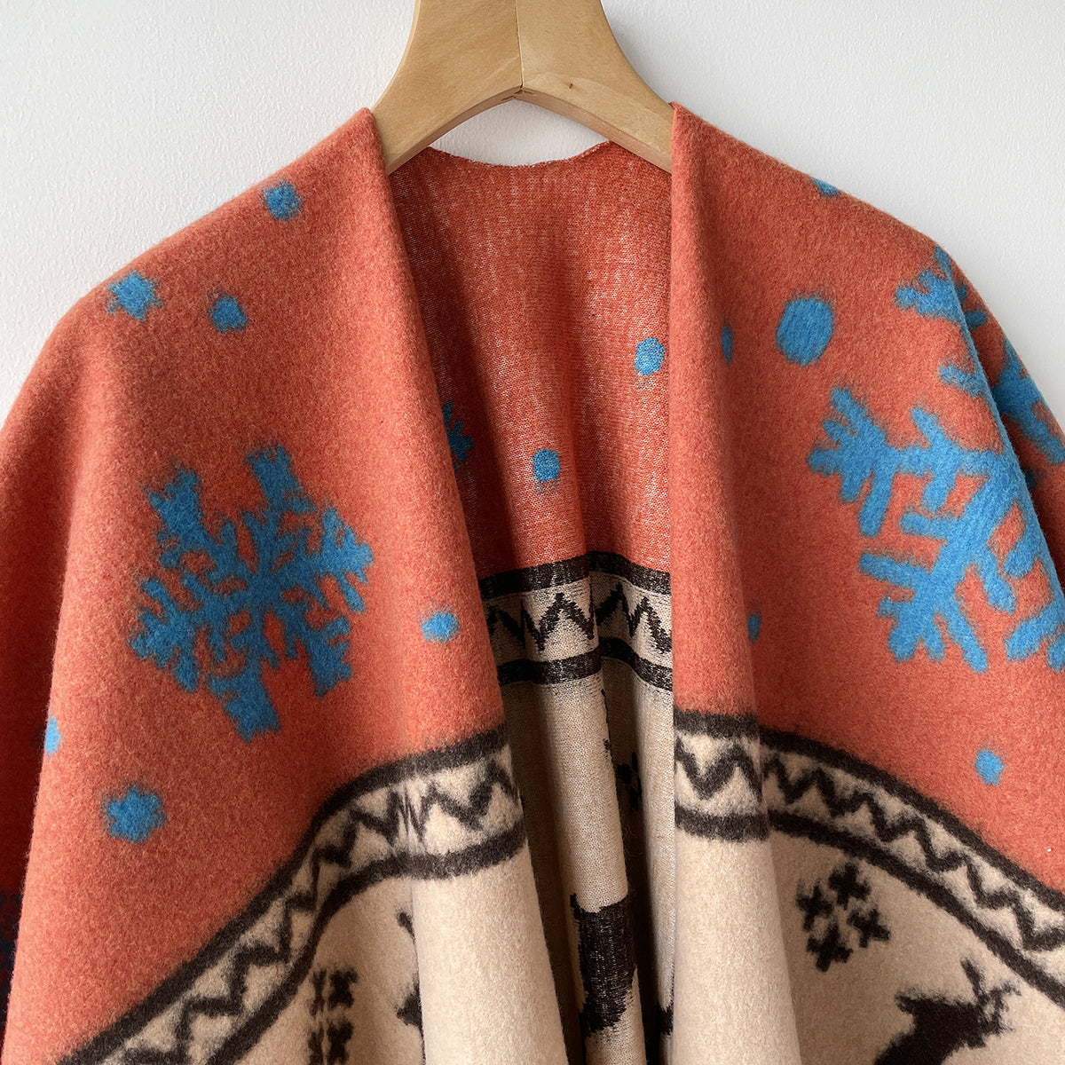 Reindeer Jacquard Fringe Cape with Snowflake Motif - Orange - 4