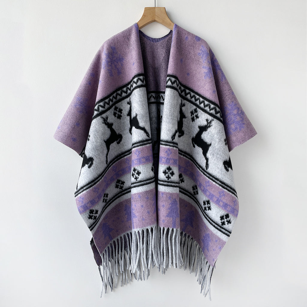 Reindeer Jacquard Fringe Cape with Snowflake Motif - Purple