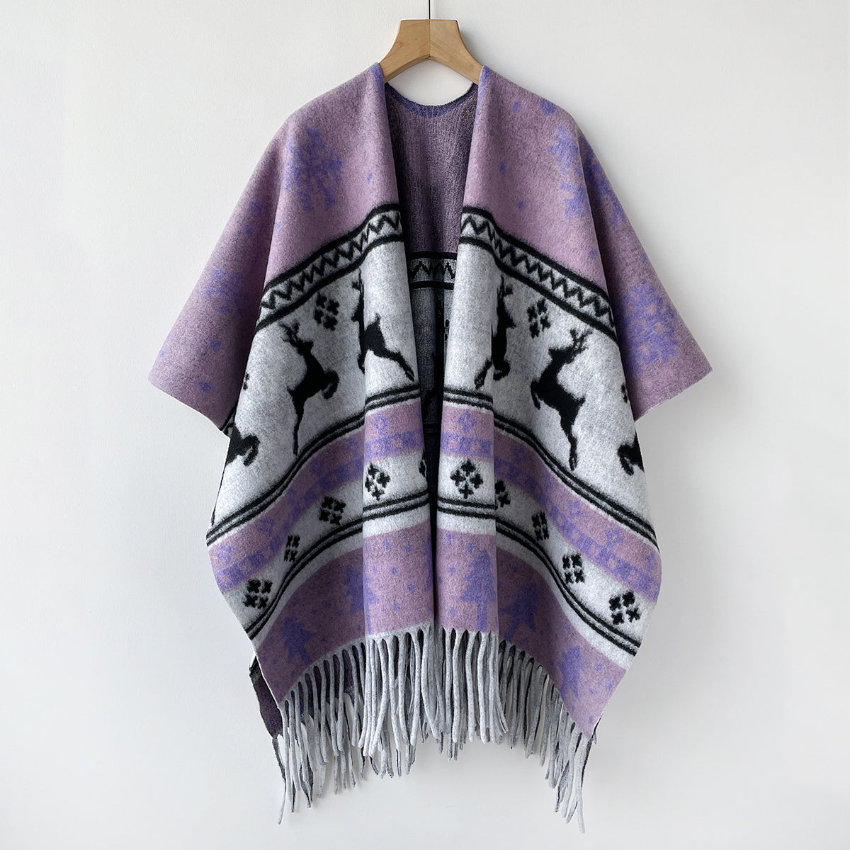Reindeer Jacquard Fringe Cape with Snowflake Motif - Purple