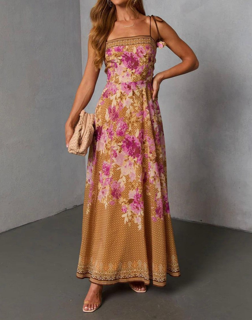 Floral Print Smocked Maxi Slip Dress - Brown