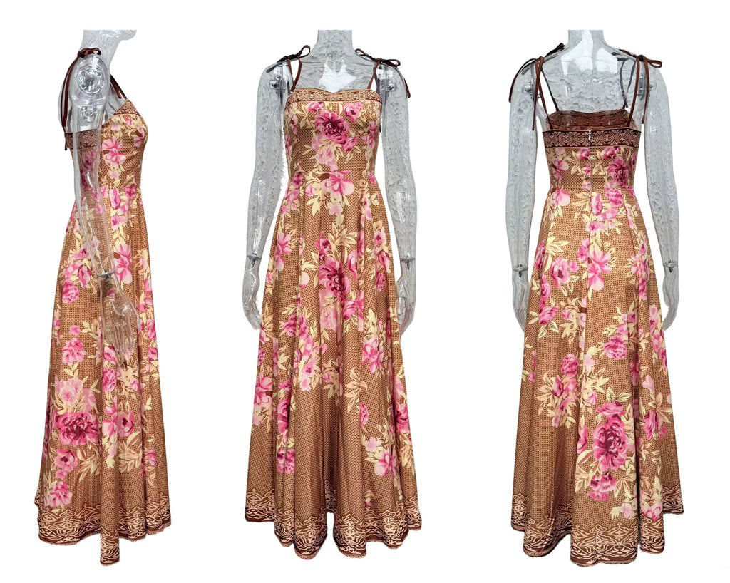 Floral Print Smocked Maxi Slip Dress - Brown - 1