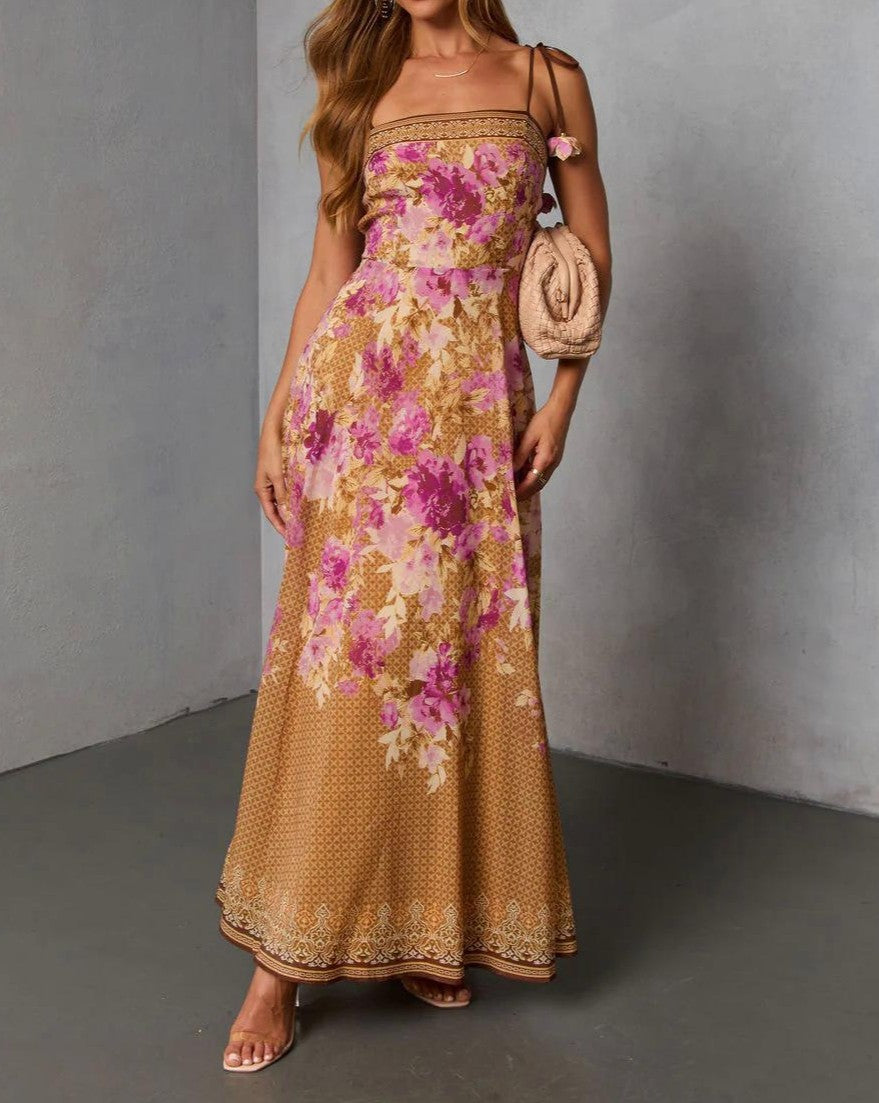 Floral Print Smocked Maxi Slip Dress - Brown - 2