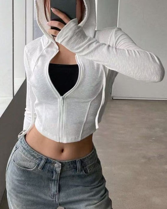 Slim Ribbed Cropped Zip Front Hoodie - White - 1