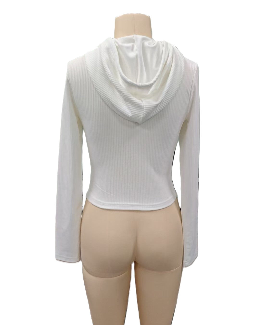 Slim Ribbed Cropped Zip Front Hoodie - White - 4