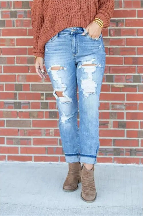Ripped Cuffed Hem Straight Leg Jeans - Blue