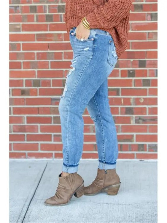 Ripped Cuffed Hem Straight Leg Jeans - Blue - 1
