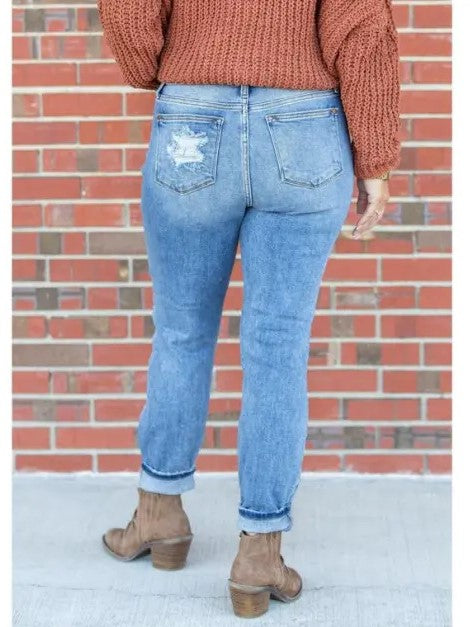 Ripped Cuffed Hem Straight Leg Jeans - Blue - 2
