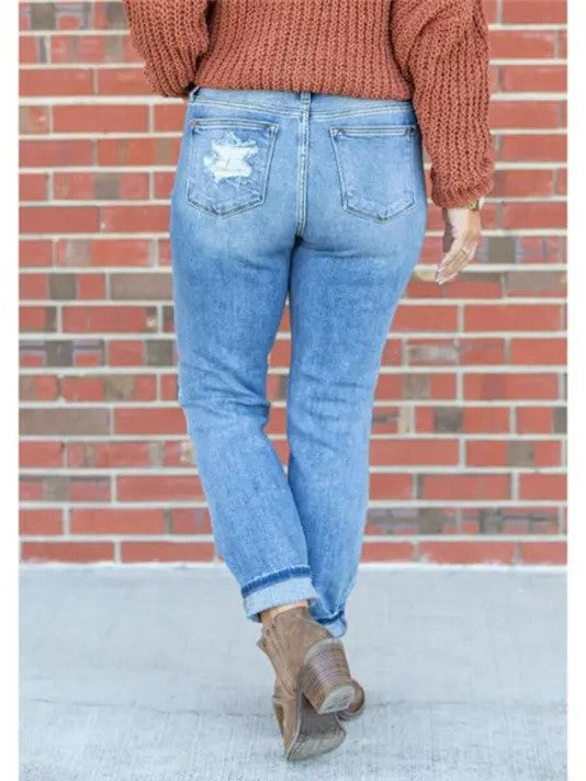 Ripped Cuffed Hem Straight Leg Jeans - Blue - 3