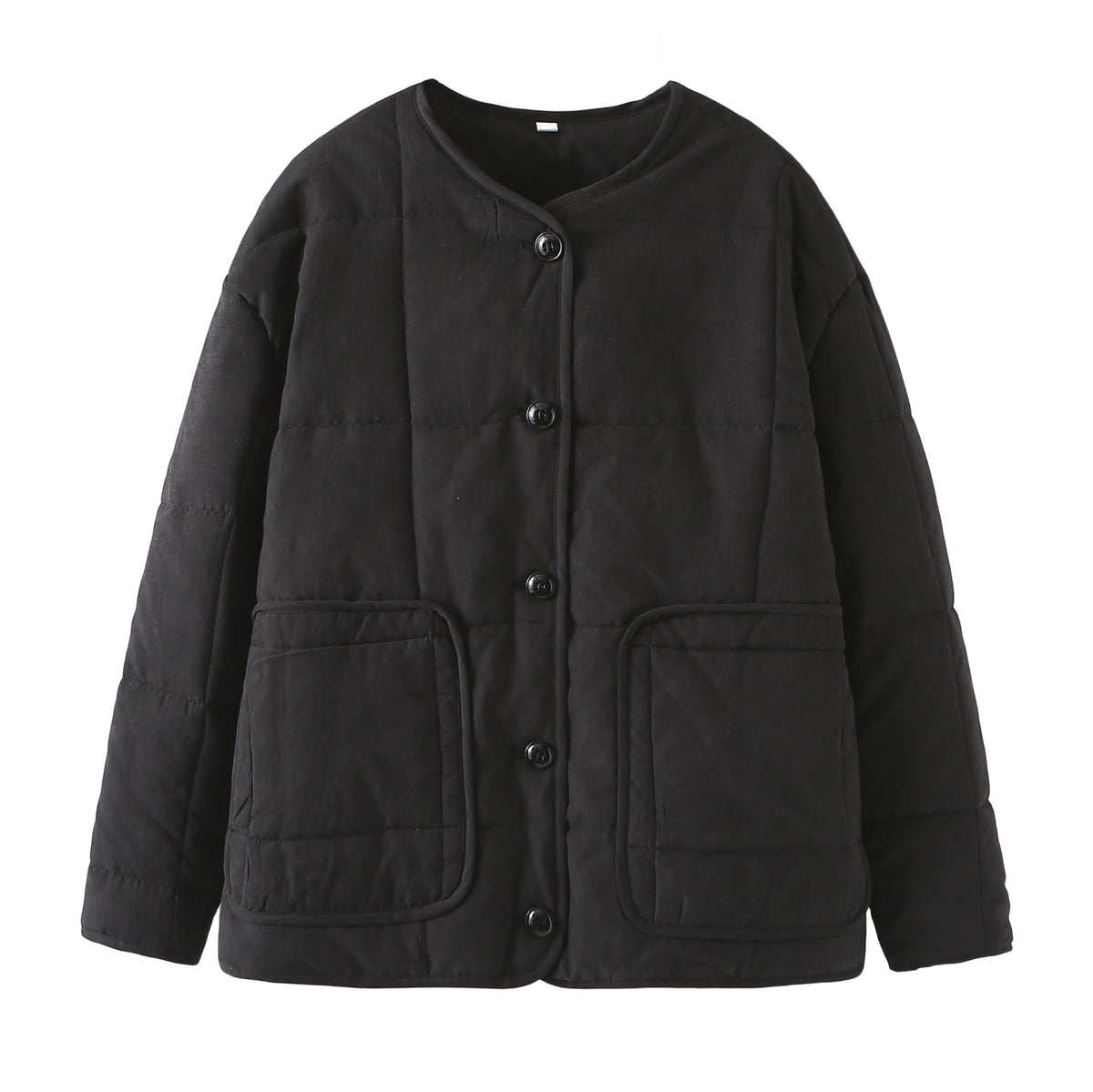 Collarless Quilted Button Front Jacket - Black