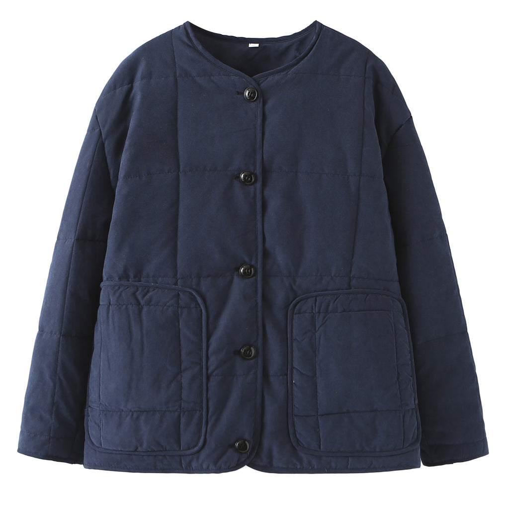 Collarless Quilted Button Front Jacket - Navyblue