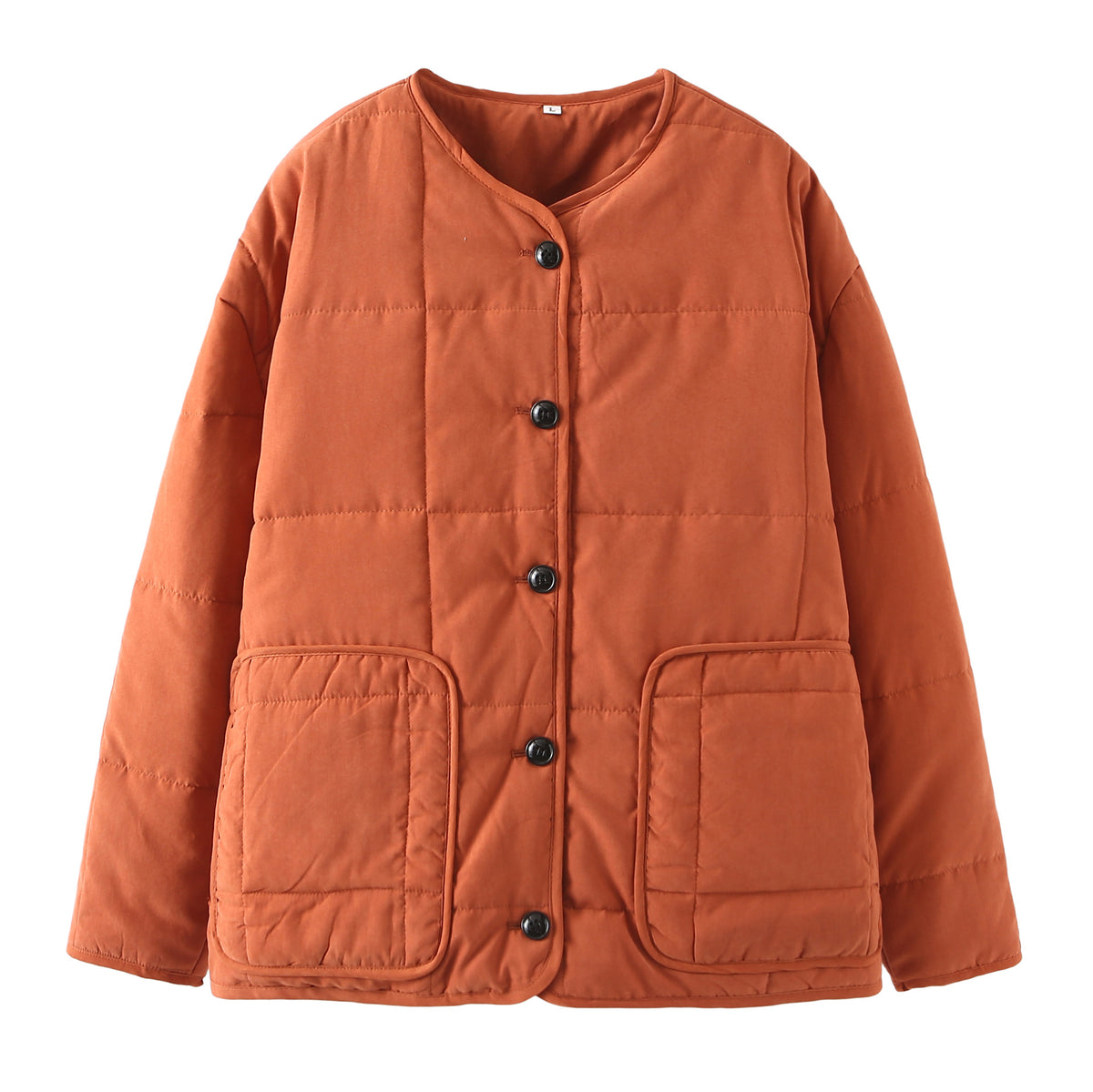 Collarless Quilted Button Front Jacket - Orange