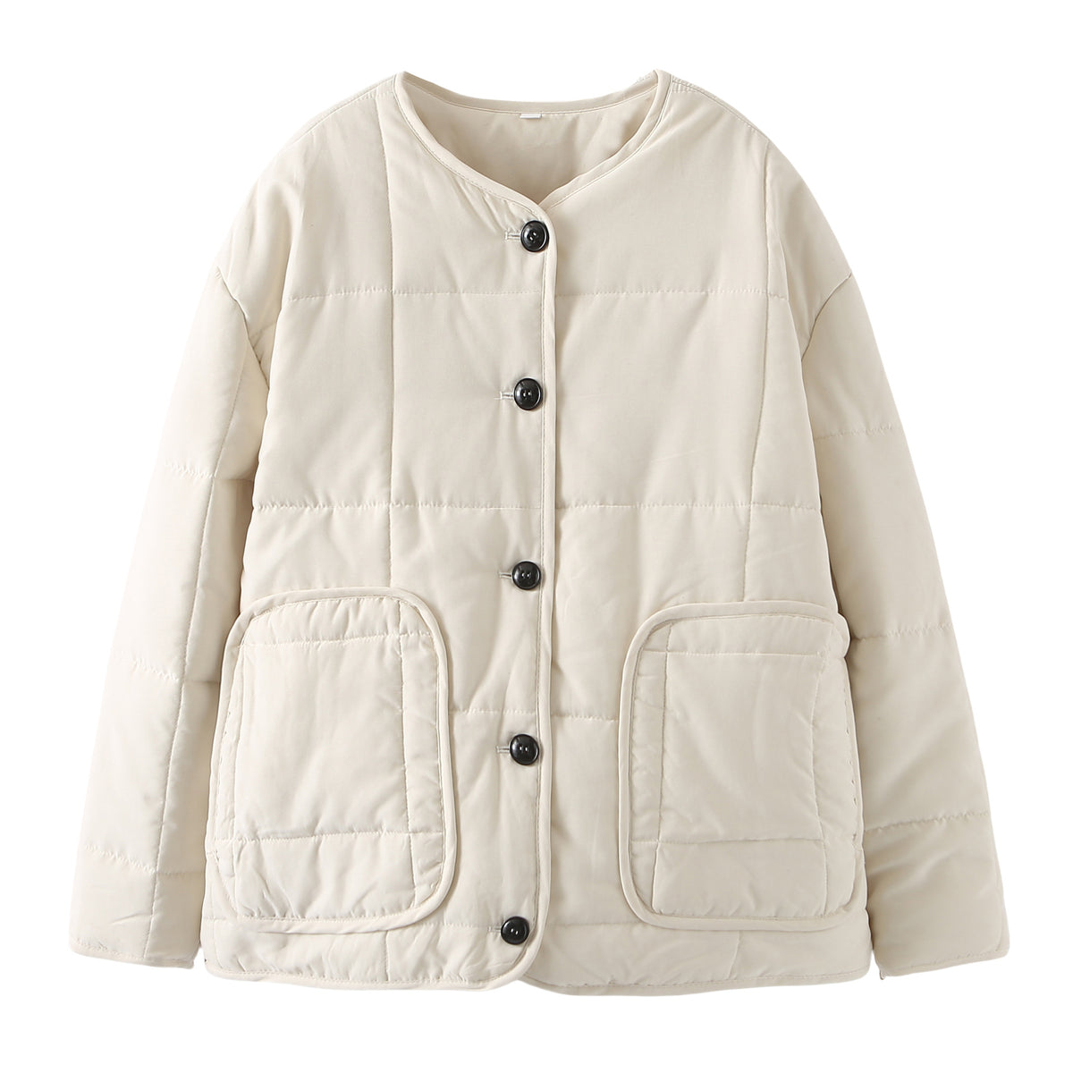 Collarless Quilted Button Front Jacket - White