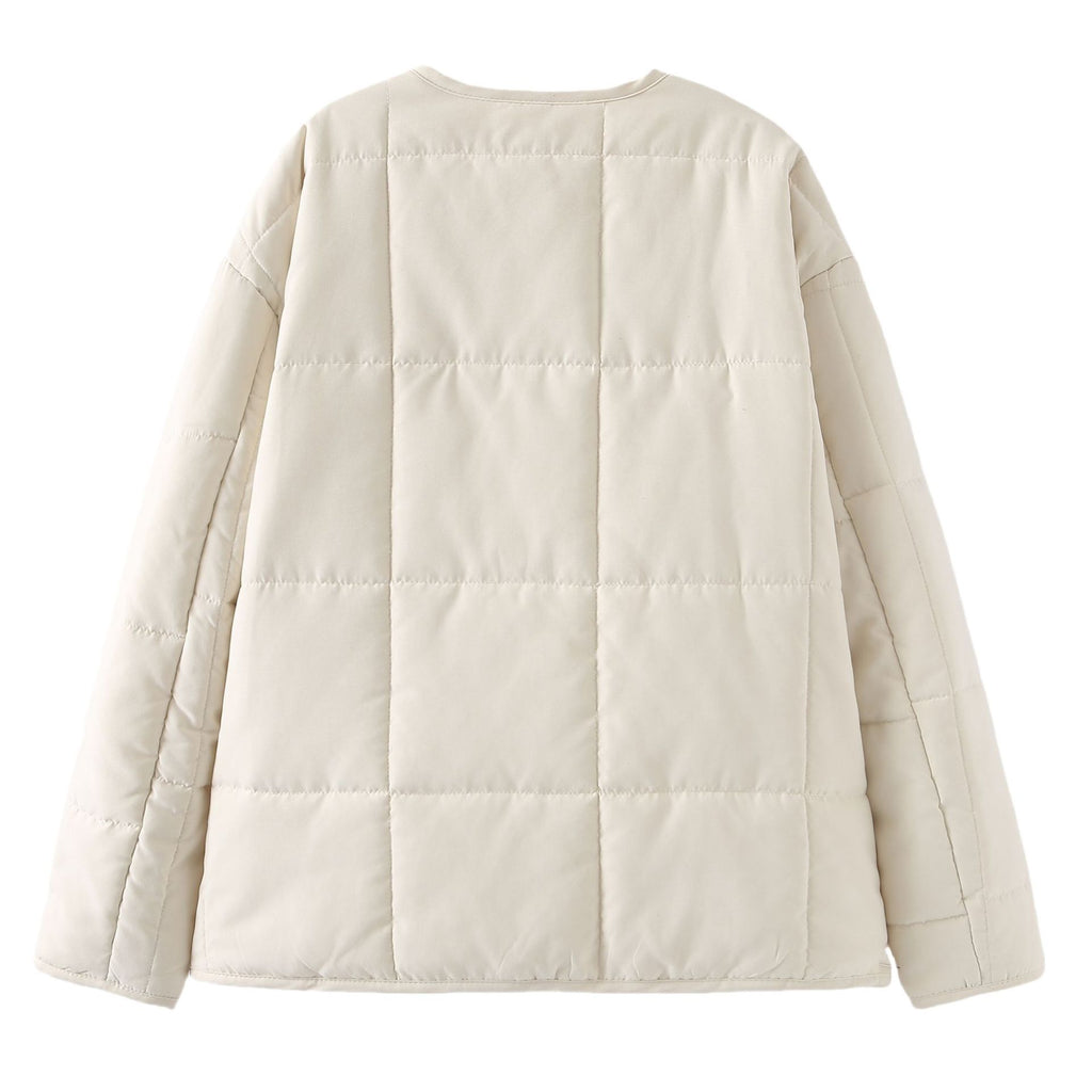 Collarless Quilted Button Front Jacket - White - 1