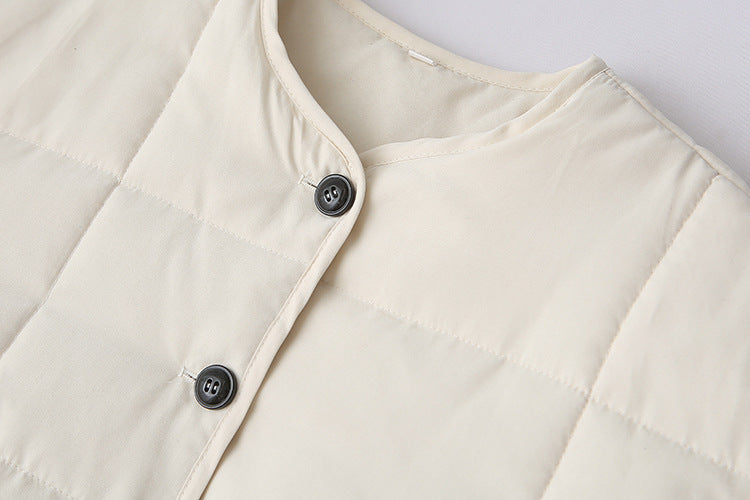 Collarless Quilted Button Front Jacket - White - 2